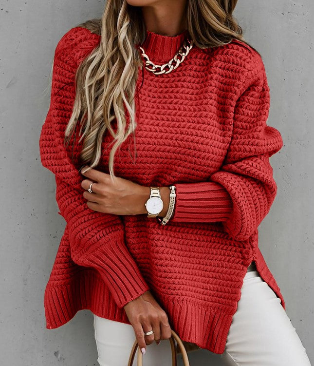 Women's Solid Side Slit Knit Sweater – Half High Collar Pullover