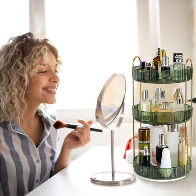 3-Tier Rotating Makeup Organizer — 360° Spinning Cosmetic Storage Tower for Desk, Vanity & Bathroom