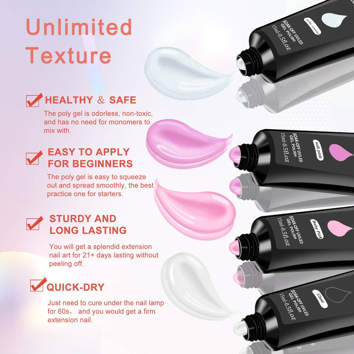 6-Piece Poly Gel Nail Extension Kit With UV Lamp — Builder Gel, 100 Dual Forms, Top & Base Coat