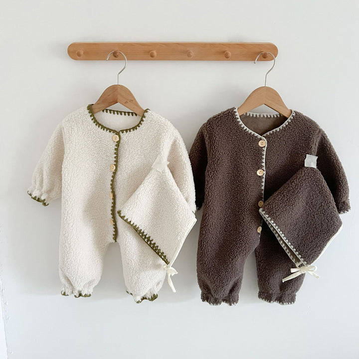 Fleece-Lined Baby Romper — Warm Western Style One-Piece Long Jumpsuit for Infants (Dark Brown/White)