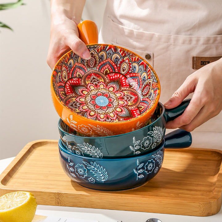 Glazed Salad & Dessert Bowl with Handle — Household Ceramic Serving Bowl (Blue, Green & Red Glaze)