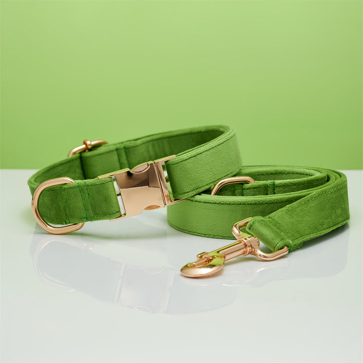 Premium Velvet Dog Collar &amp; Leash Set with Bow Tie – Personalized Engraved Buckle