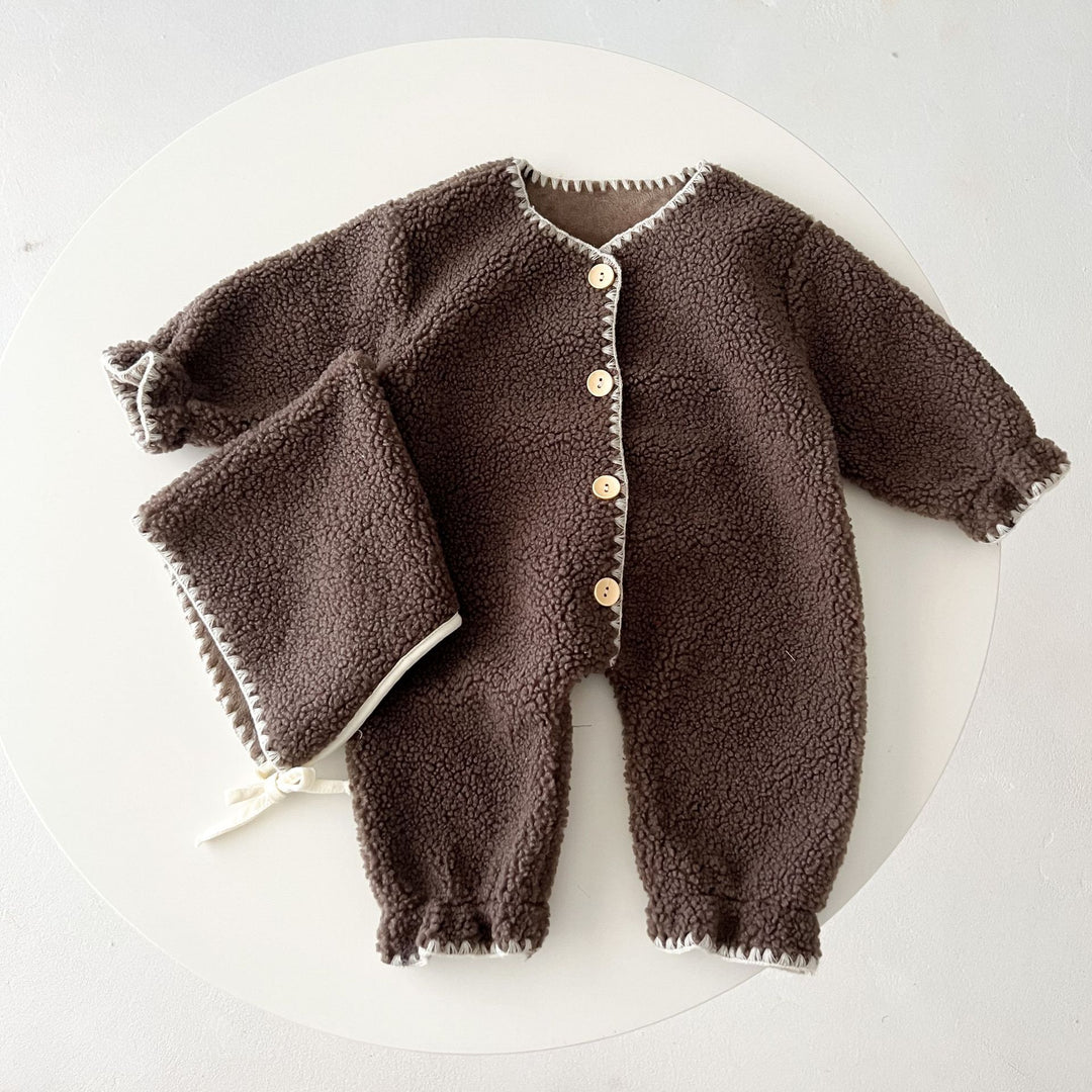 Fleece-Lined Baby Romper — Warm Western Style One-Piece Long Jumpsuit for Infants (Dark Brown/White)