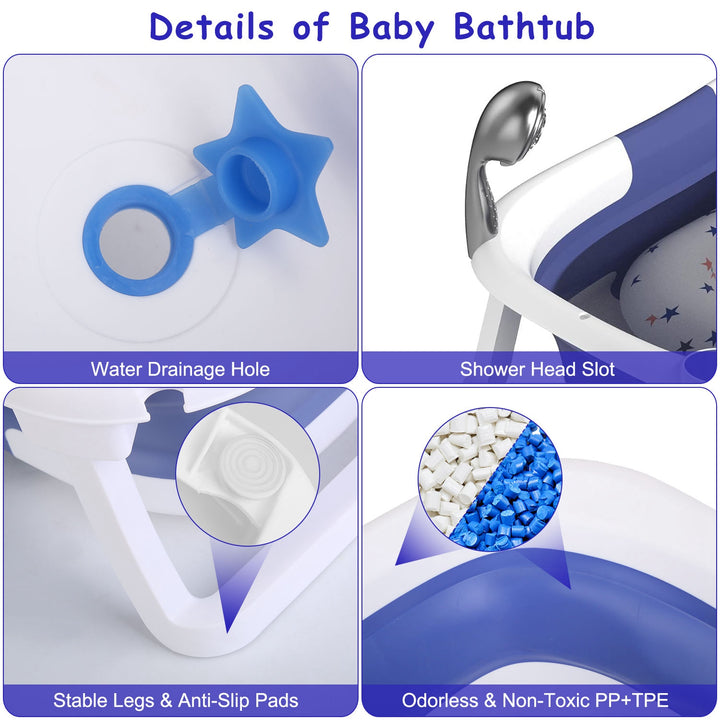 Foldable Baby Bath Tub with Built-In Thermometer — Collapsible Travel Bathtub with Drain Hole for Newborns & Toddlers 0–24 Months