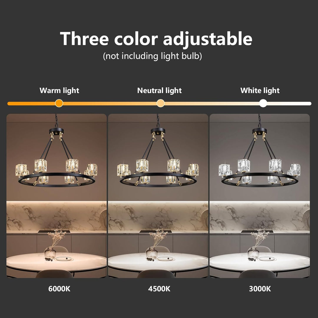 Black Wagon Wheel Chandelier, 8-Light Farmhouse Crystal Chandeleirs With Adjustable Height,Ceiling Hanging Light Fixture Pendant Lights For Living Room,Bedroom,Kitchen Island,Dining Room,Bedroom