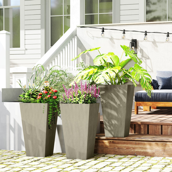 Set of 3 Grande 28in Tall Outdoor Planters — Tapered with Drainage Holes, Front Porch & Patio Décor (Grey)