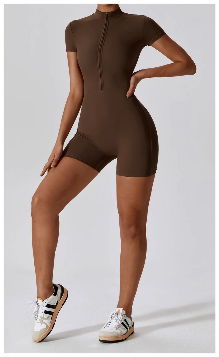 Women's Zip-Up Yoga Bodysuit – Short Sleeve One-Piece Workout Outfit