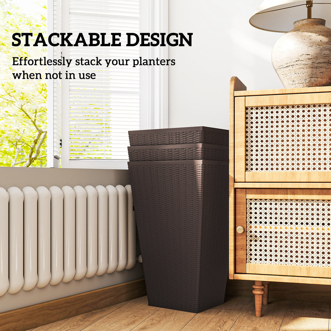 Set of 3 Tall 24in Outdoor Planters — Drainage Hole, Flower Pots for Porch, Front Door, Entryway, Patio & Deck (Brown)