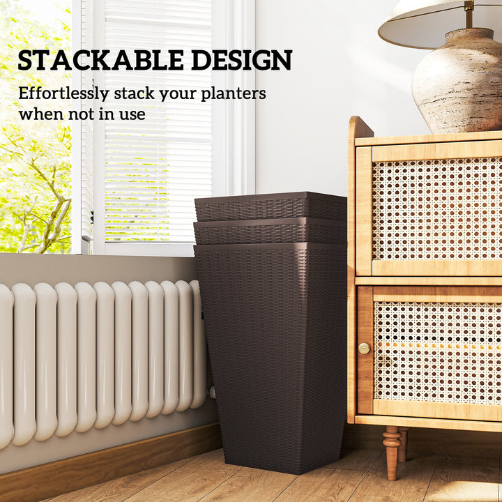 Set of 3 Tall 24in Outdoor Planters — Drainage Hole, Flower Pots for Porch, Front Door, Entryway, Patio & Deck (Brown)
