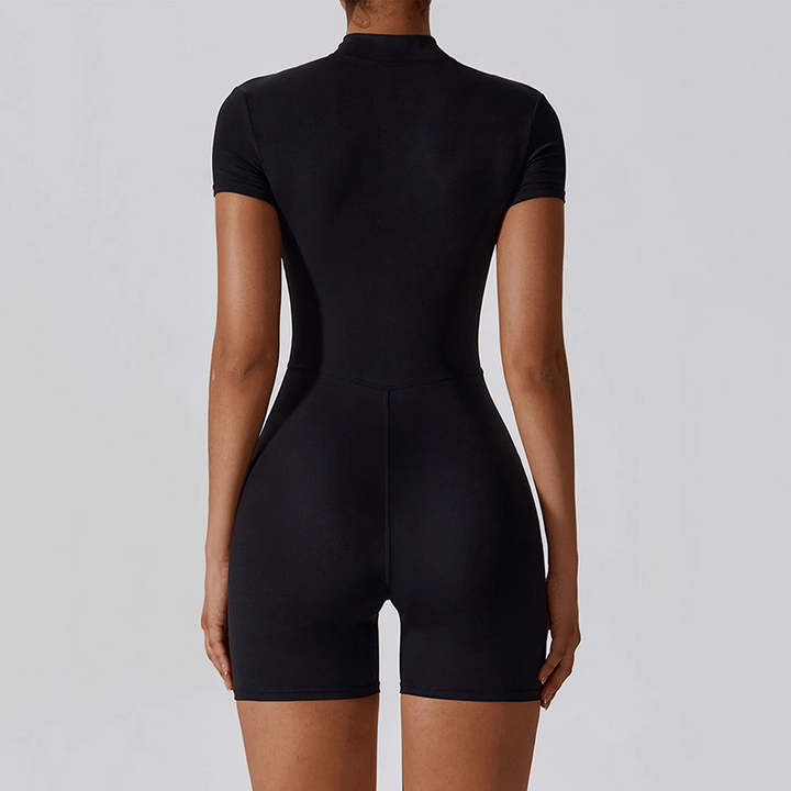 Women's Zip-Up Yoga Bodysuit – Short Sleeve One-Piece Workout Outfit
