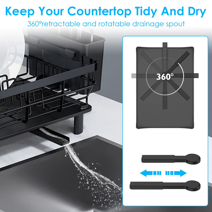 Dish Drying Rack with Drain Board — Utensil Holder & Tableware Organizer for Kitchen Countertop (Black)