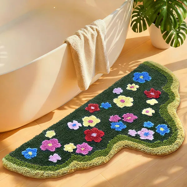 Green Moss Bathroom Runner Rug — Boho Leaf & Nature-Inspired Shaggy Non-Slip Absorbent Bath Mat