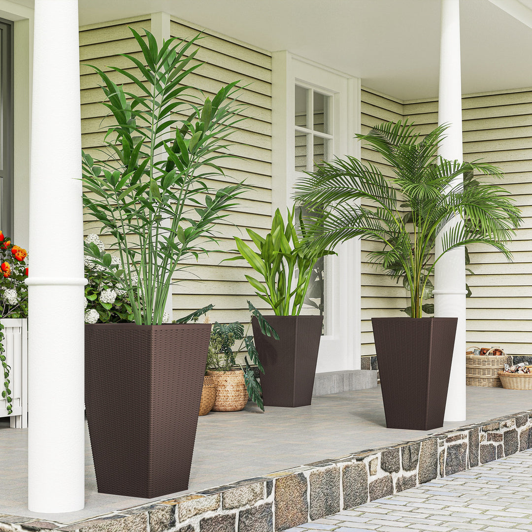 Set of 3 Tall 24in Outdoor Planters — Drainage Hole, Flower Pots for Porch, Front Door, Entryway, Patio & Deck (Brown)