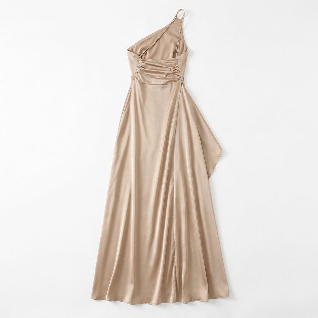 Women's One-Shoulder Backless Satin Maxi Dress – High Slit Elegant Bodycon Evening Dress
