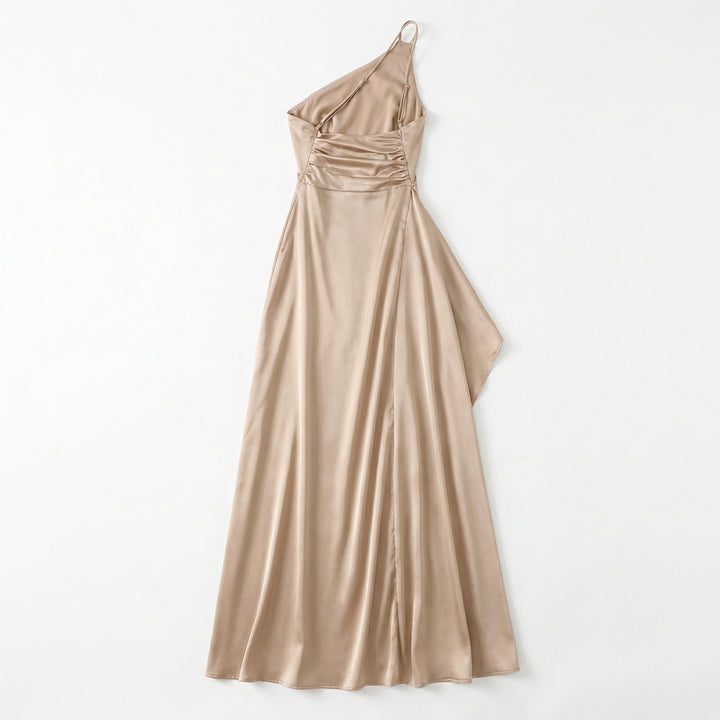 Women's One-Shoulder Backless Satin Maxi Dress – High Slit Elegant Bodycon Evening Dress