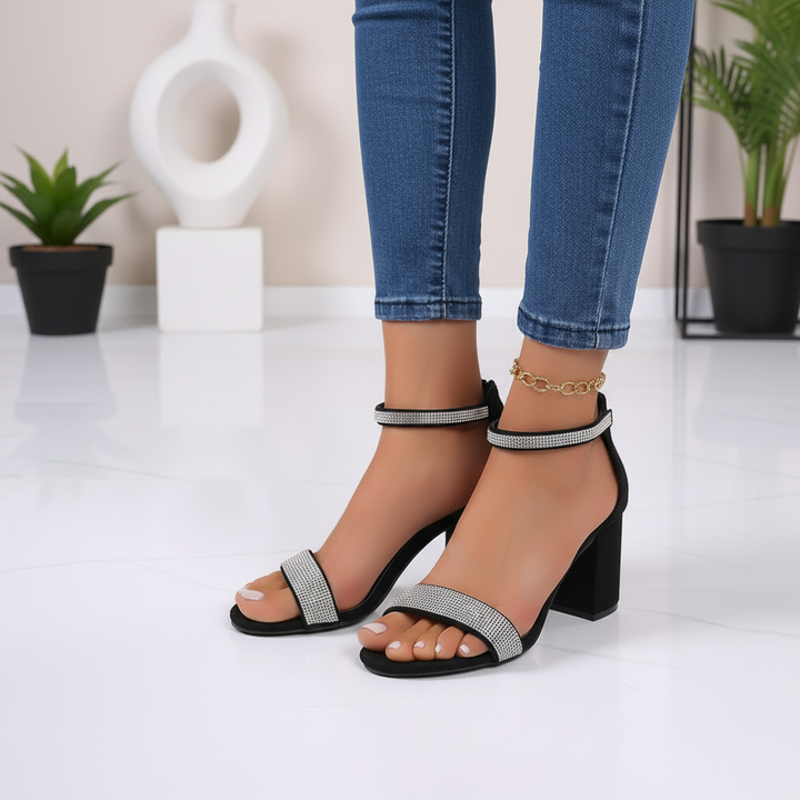 Rhinestone Chunky Heel Strappy Sandals