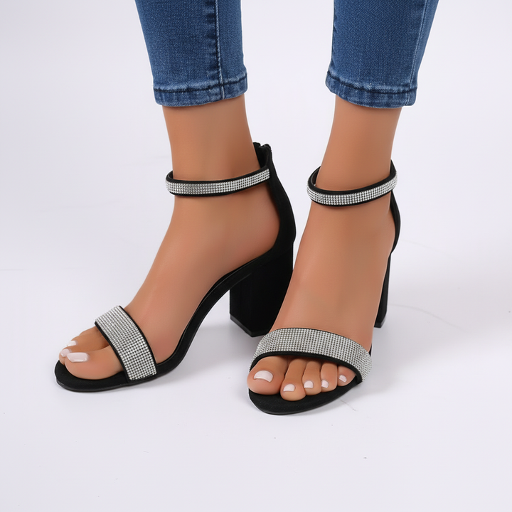 Rhinestone Chunky Heel Strappy Sandals