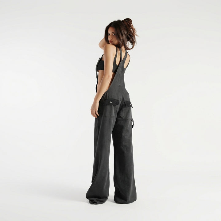 Women's Y2K Denim Overalls – Loose Fit Zipper Suspender Jumpsuit Streetwear
