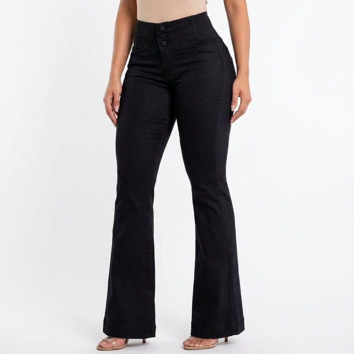 Women's High-Waist Slim Fit Jeans – Button Front Denim with Shirred Back Detail