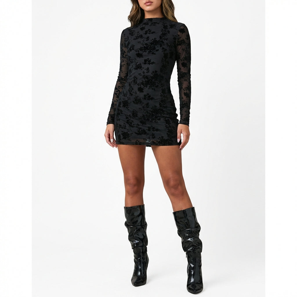 Hollow-out Flocking Sheath Slim Dress For Women