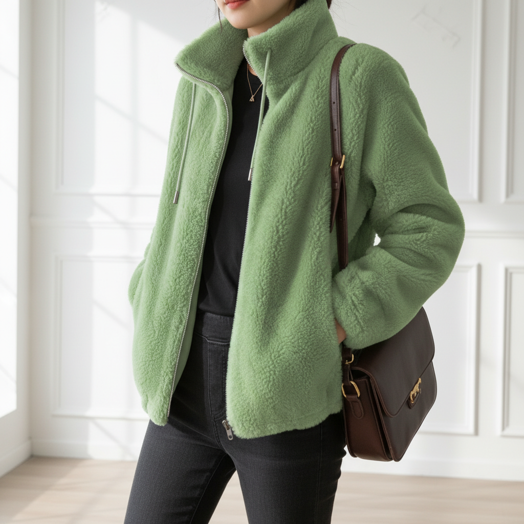 Double Faced Fleece Warm High Neck Sweater Women Cardigan