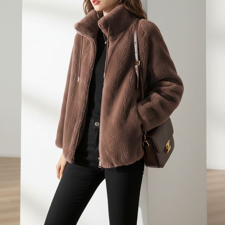 Double Faced Fleece Warm High Neck Sweater Women Cardigan