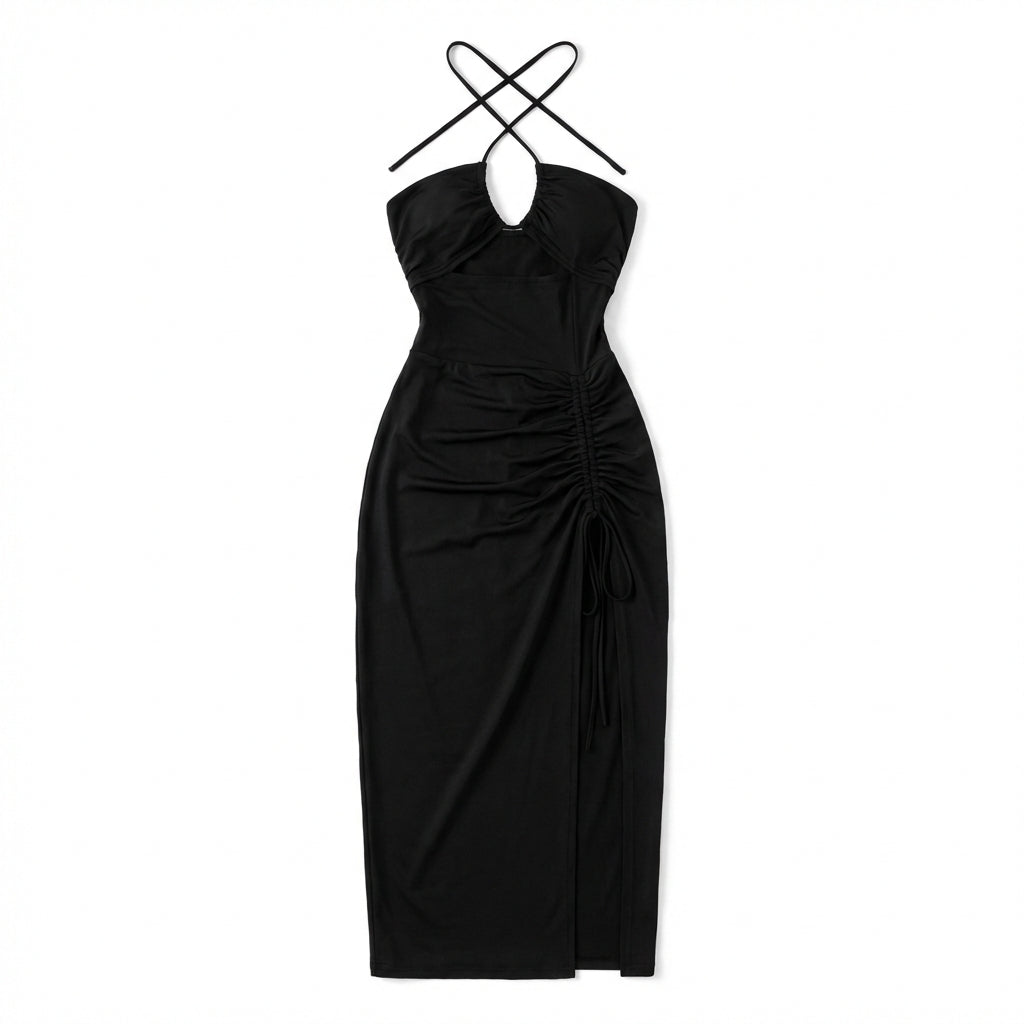 Halterneck Lace-Up Split Maxi Dress