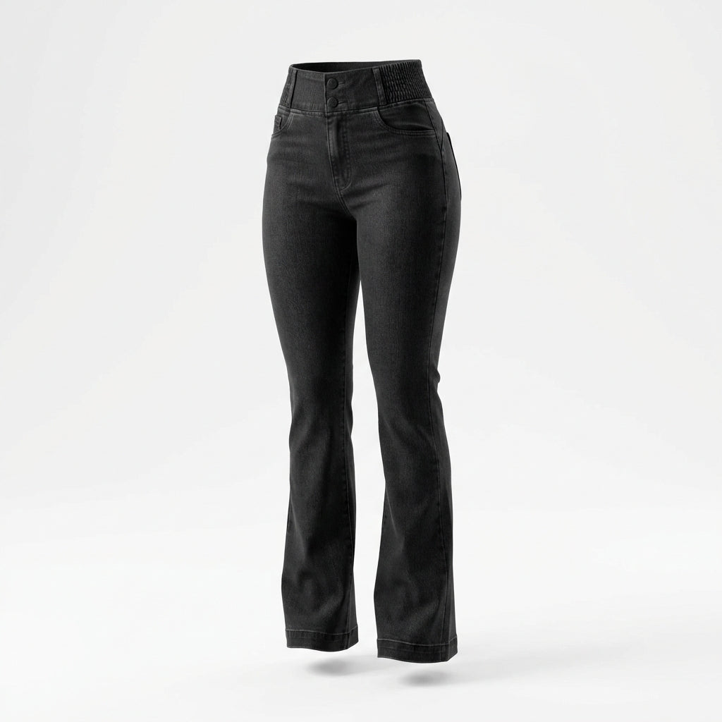 Women's High-Waist Slim Fit Jeans – Button Front Denim with Shirred Back Detail