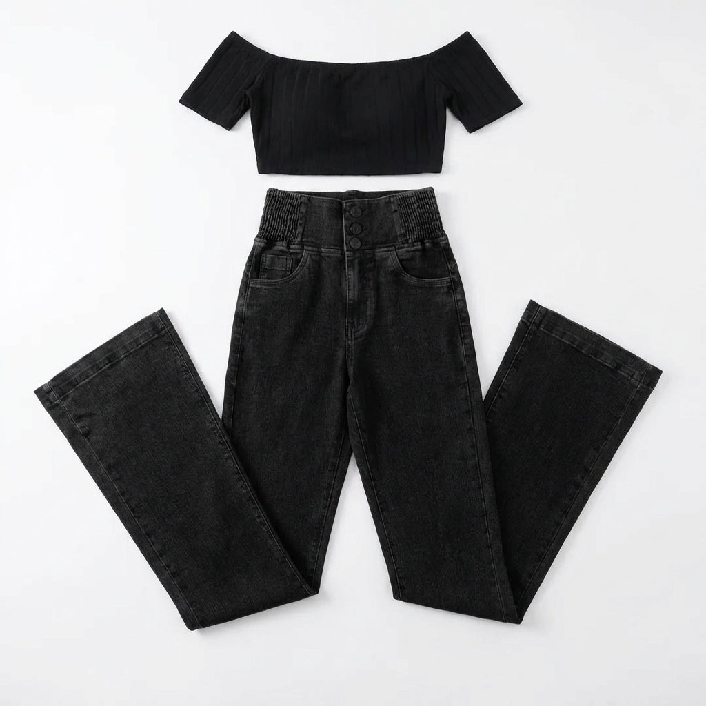 Women's High-Waist Slim Fit Jeans – Button Front Denim with Shirred Back Detail