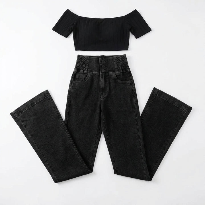 Women's High-Waist Slim Fit Jeans – Button Front Denim with Shirred Back Detail