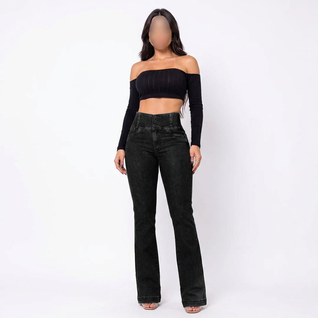 Women's High-Waist Slim Fit Jeans – Button Front Denim with Shirred Back Detail