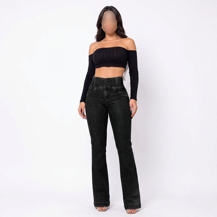 Women's High-Waist Slim Fit Jeans – Button Front Denim with Shirred Back Detail