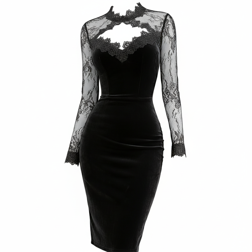 Women's Long Sleeve Lace Trim Midi Dress – Sexy Bodycon Party Dress