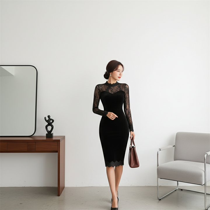 Women's Long Sleeve Lace Trim Midi Dress – Sexy Bodycon Party Dress