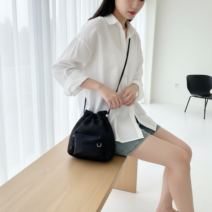 Women's Drawstring Bucket Shoulder Bag – Casual Polyester Crossbody Bag