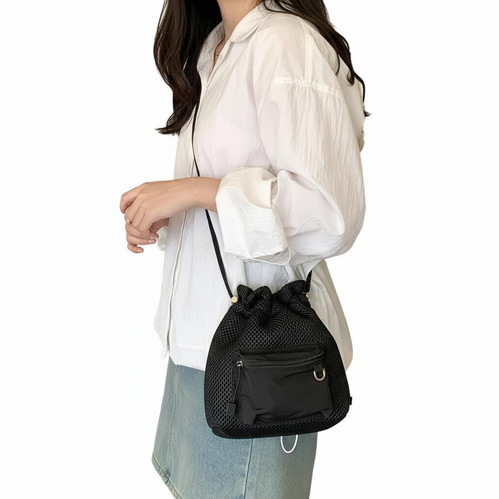 Women's Drawstring Bucket Shoulder Bag – Casual Polyester Crossbody Bag