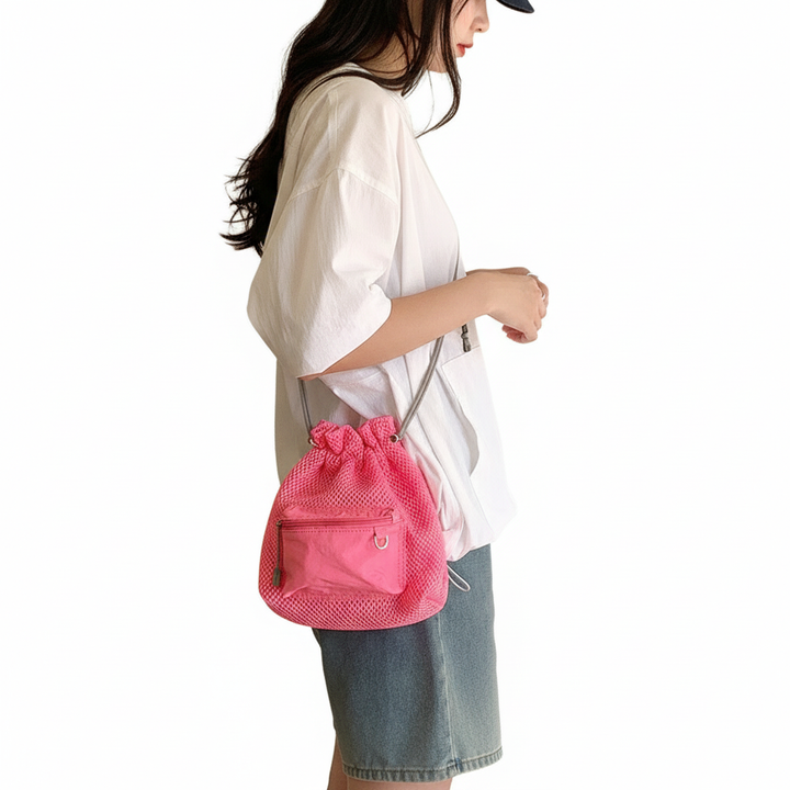 Women's Drawstring Bucket Shoulder Bag – Casual Polyester Crossbody Bag
