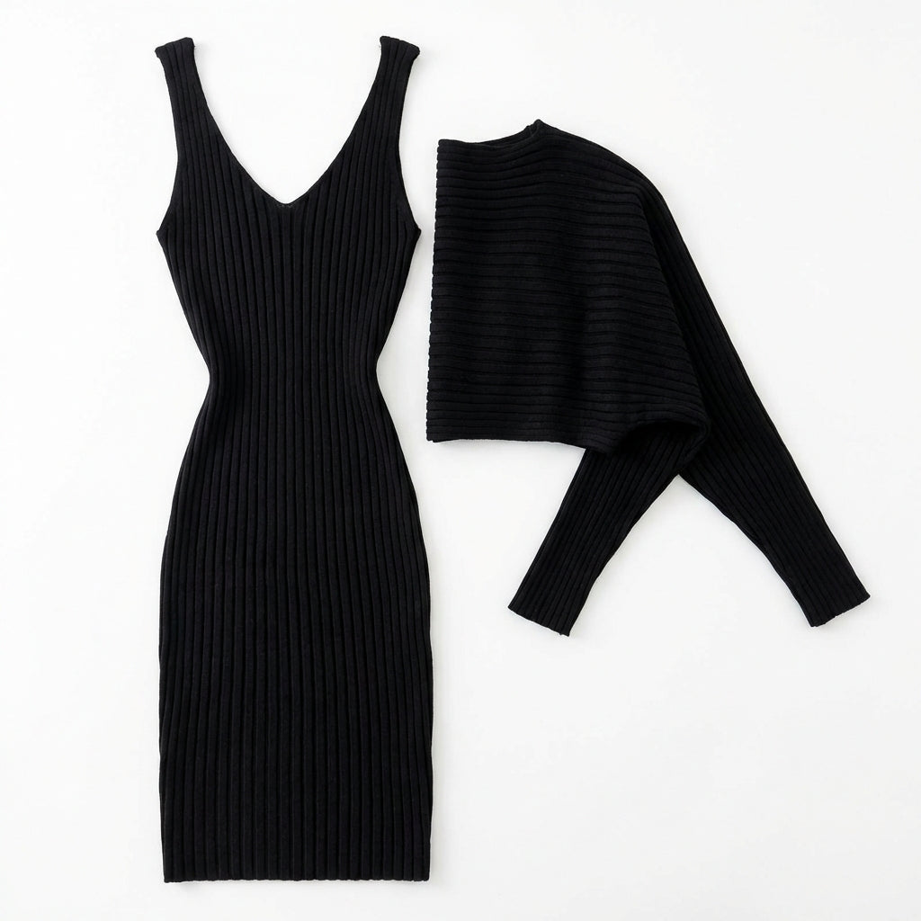 Women's Slim Fit 2-Piece Set – Stripe Long Sleeve Top & Bodycon Suspender Skirt