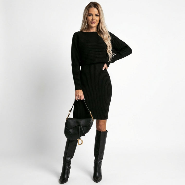 Women's Slim Fit 2-Piece Set – Stripe Long Sleeve Top & Bodycon Suspender Skirt