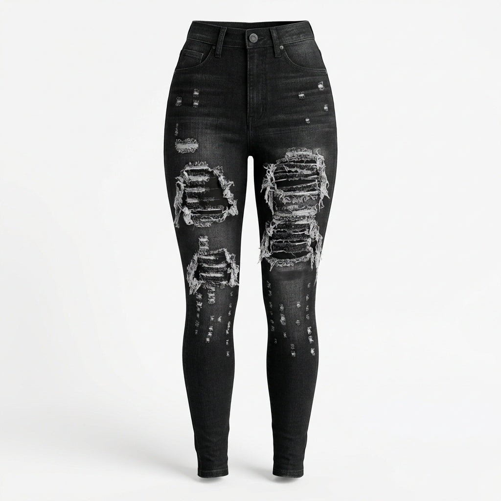 Versatile Women's High Waisted Elastic Ripped Tight Jeans, High-quality, Easy To Fit, Comfortable And Fashionable - Street Style Sexy Basic Jeans, Women's Jeans And Clothing