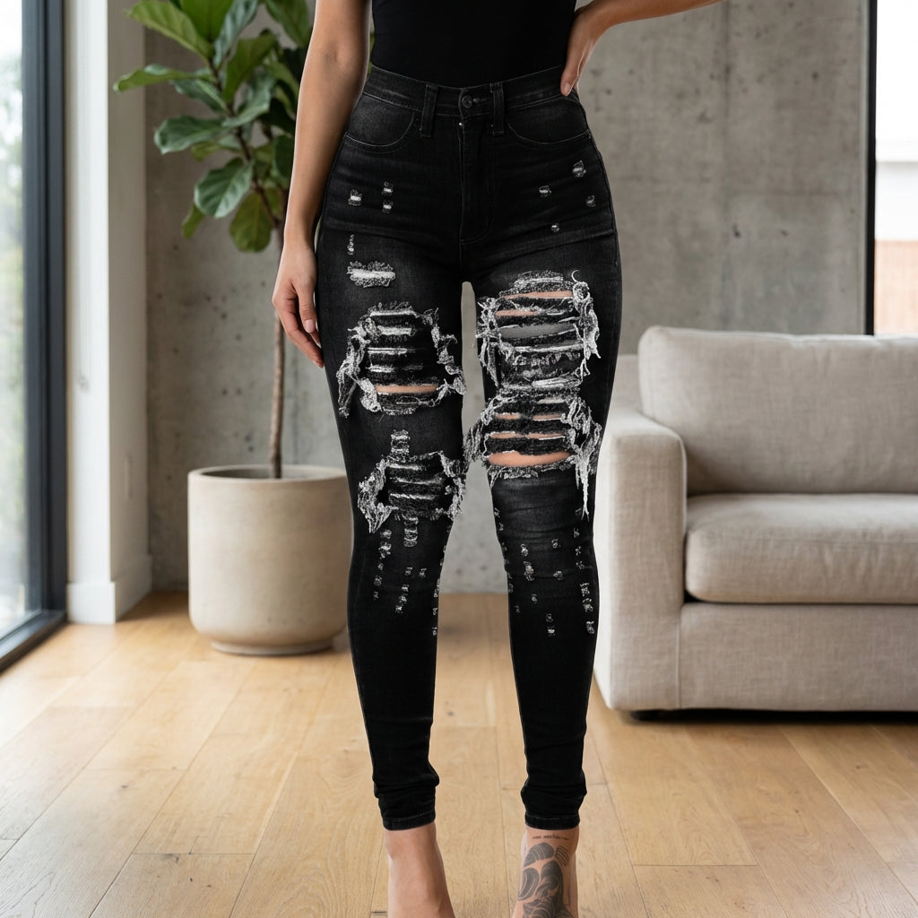 Versatile Women's High Waisted Elastic Ripped Tight Jeans, High-quality, Easy To Fit, Comfortable And Fashionable - Street Style Sexy Basic Jeans, Women's Jeans And Clothing