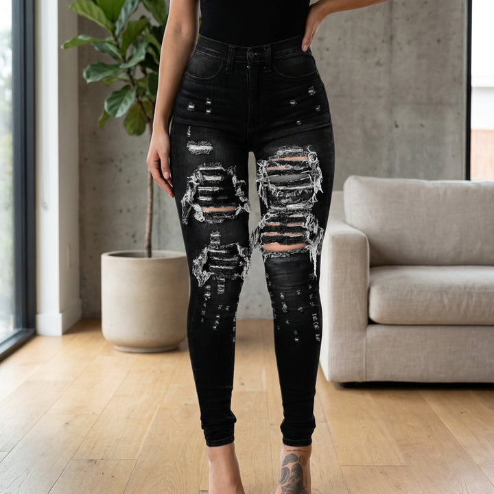 Versatile Women's High Waisted Elastic Ripped Tight Jeans, High-quality, Easy To Fit, Comfortable And Fashionable - Street Style Sexy Basic Jeans, Women's Jeans And Clothing
