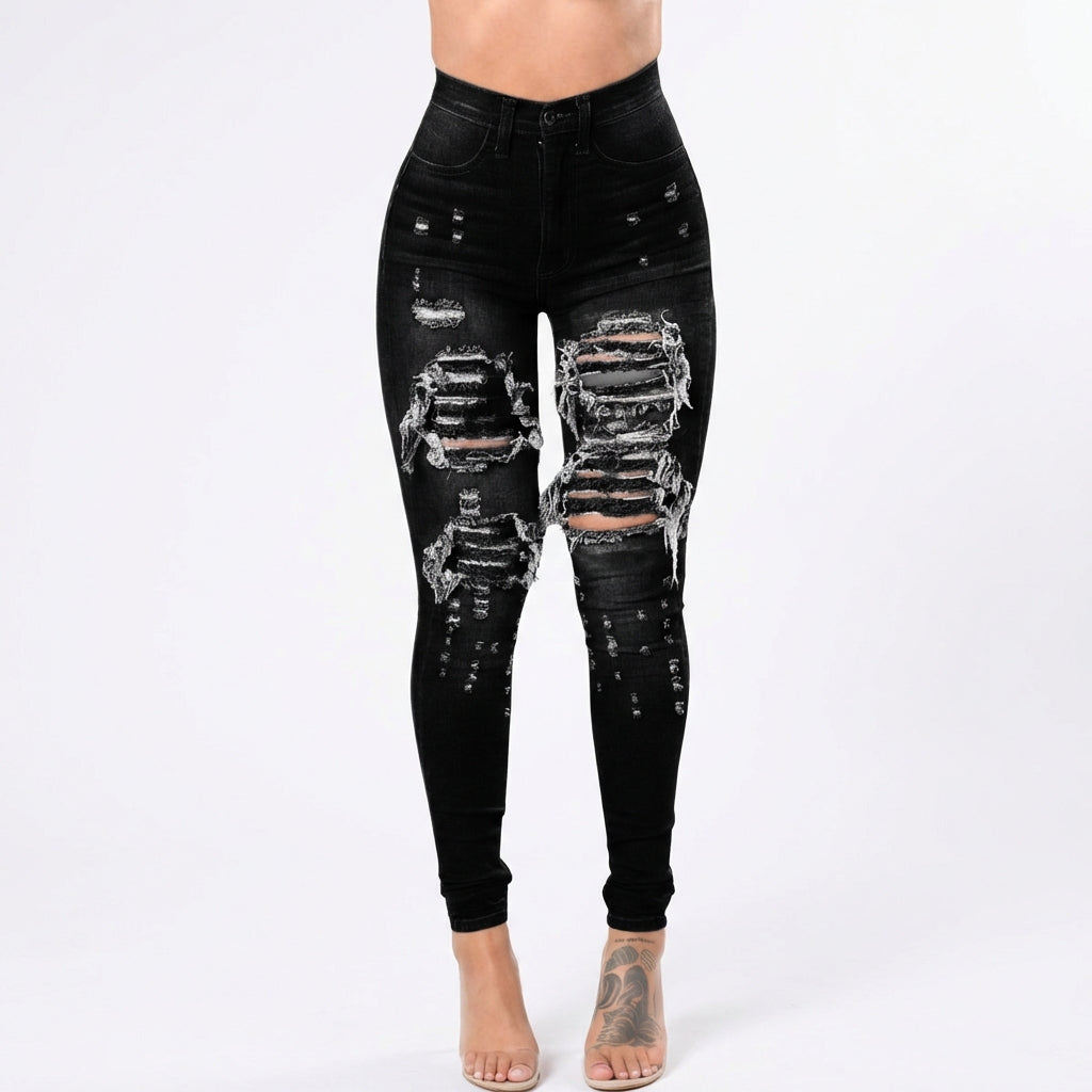 Versatile Women's High Waisted Elastic Ripped Tight Jeans, High-quality, Easy To Fit, Comfortable And Fashionable - Street Style Sexy Basic Jeans, Women's Jeans And Clothing