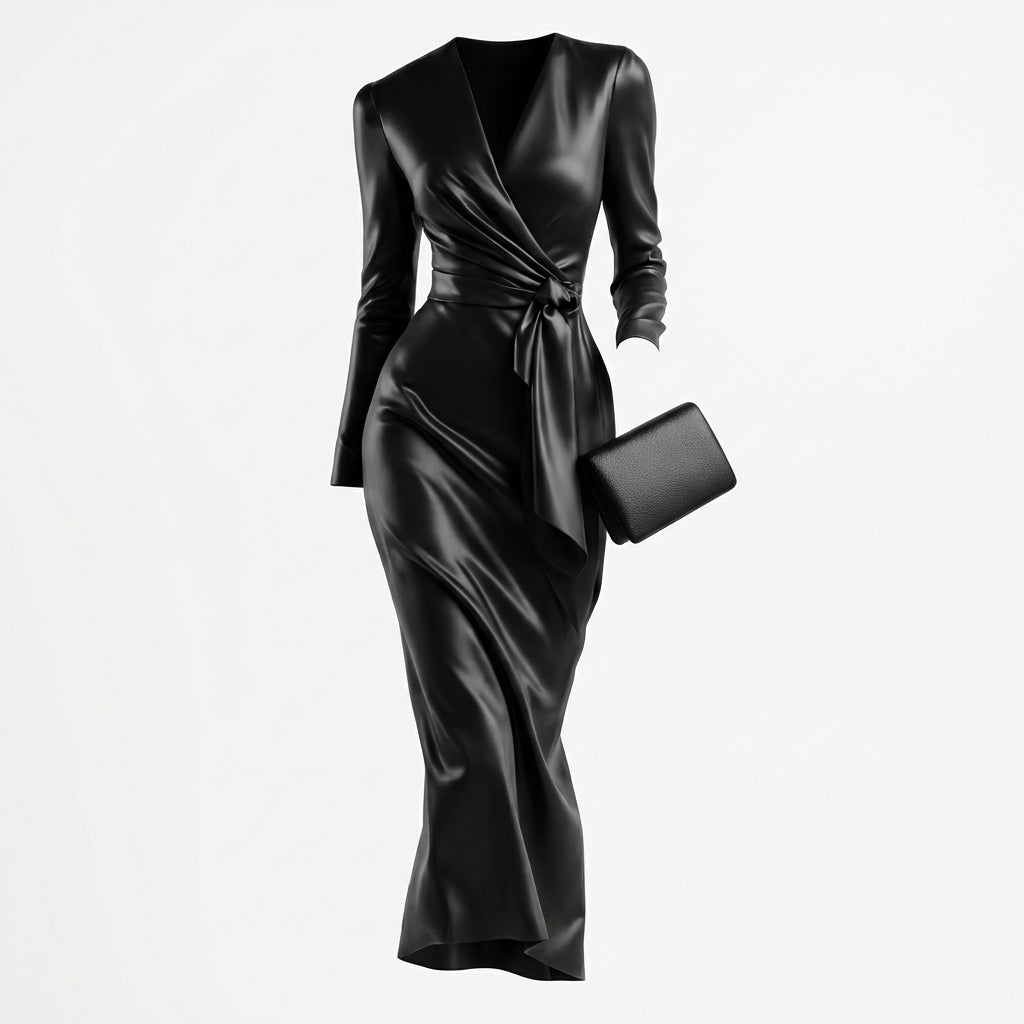 Women's Burgundy Satin Midi Dress Elegant V-Neck Long Sleeve Bodycon Dress With Belted Waist
