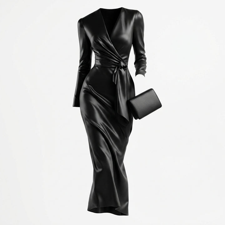 Women's Burgundy Satin Midi Dress Elegant V-Neck Long Sleeve Bodycon Dress With Belted Waist