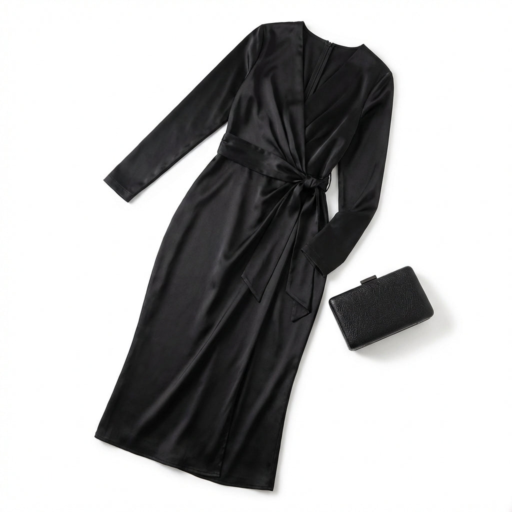 Women's Burgundy Satin Midi Dress Elegant V-Neck Long Sleeve Bodycon Dress With Belted Waist