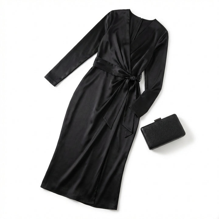 Women's Burgundy Satin Midi Dress Elegant V-Neck Long Sleeve Bodycon Dress With Belted Waist