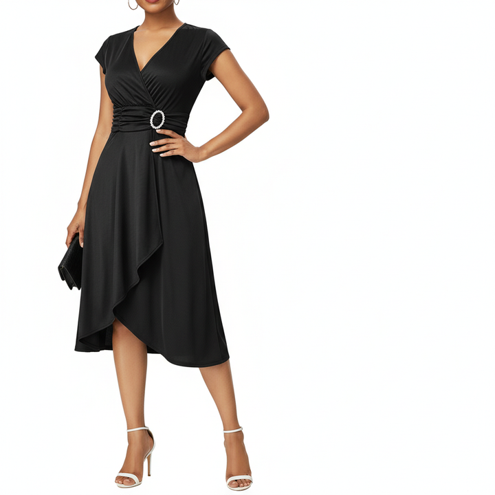 Sexy Asymmetrical V-neck Dress Women's High Waist Mid-length Solid Color Evening Dress