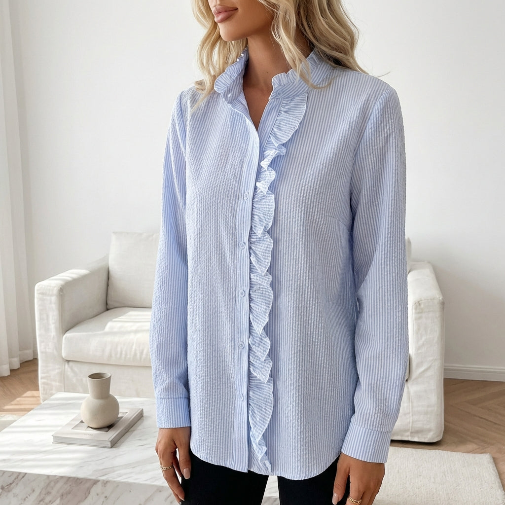 Women's Striped Ruffle Button-Up Blouse – Long Sleeve Office & Casual Shirt