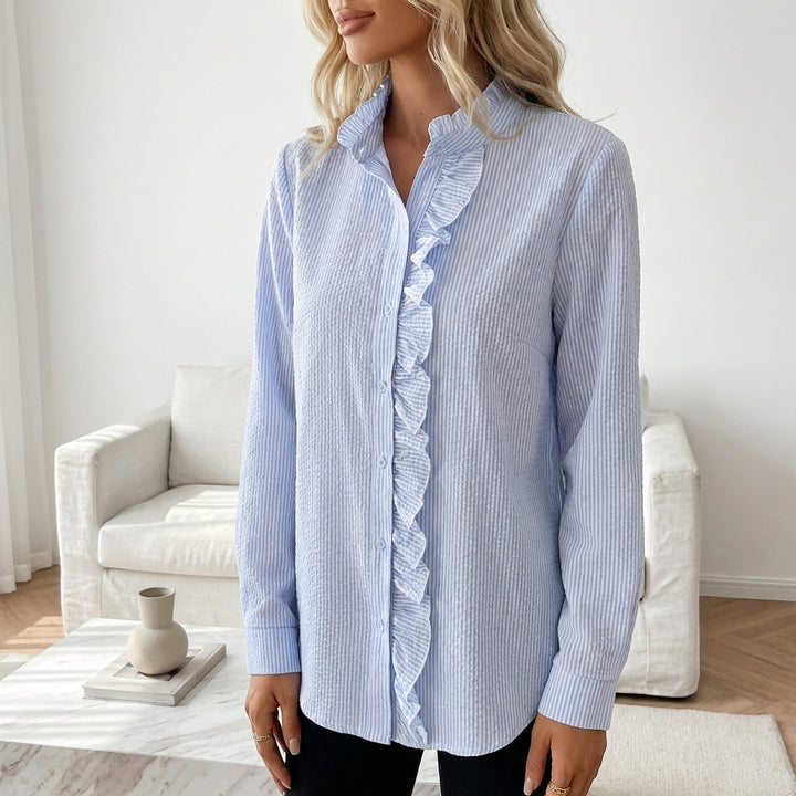 Women's Striped Ruffle Button-Up Blouse – Long Sleeve Office & Casual Shirt